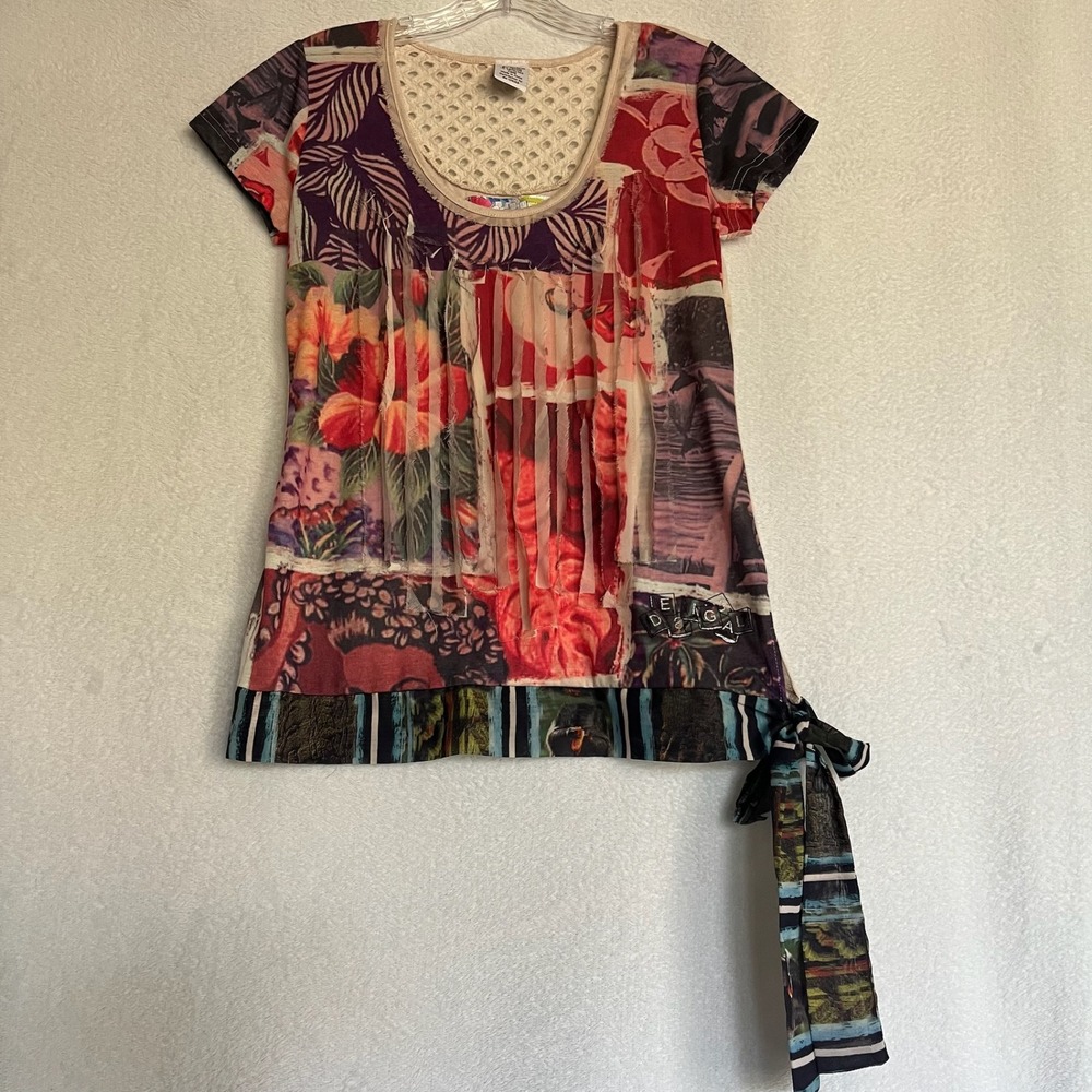 Desigual Patchwork Top Floral Print Short Sleeve Tie Artsy Boho‎ Colorful Sz M